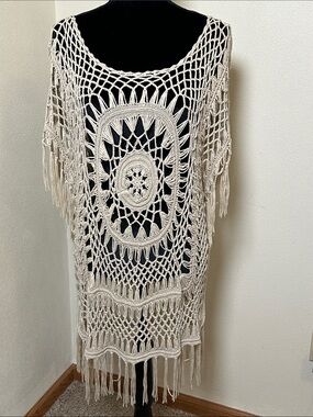 Questions by Say What Boho Crochet Fringe Open Knit Beige Sweater Sz L/XL